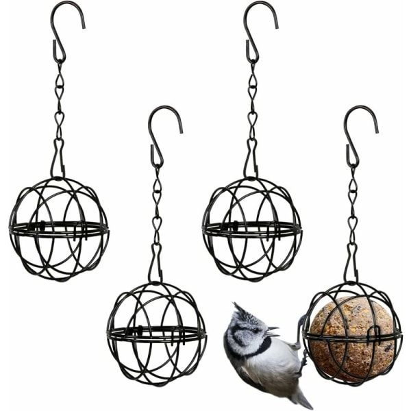 4pcs Hanging Bird Feeders Metal Bird Grease Ball Holder Indoor Outdoor Black 7cm Diameter Food Dispenser with 4 S-shaped Hooks