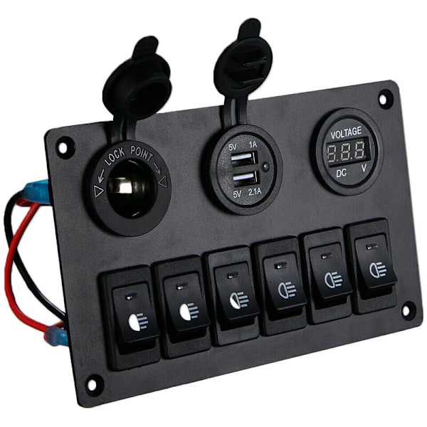 6-veis bryterpanel med 12V-24V LED digital voltmeter, dobbel USB-lader, pluss-kontakt for Rv Truck Boat Suv