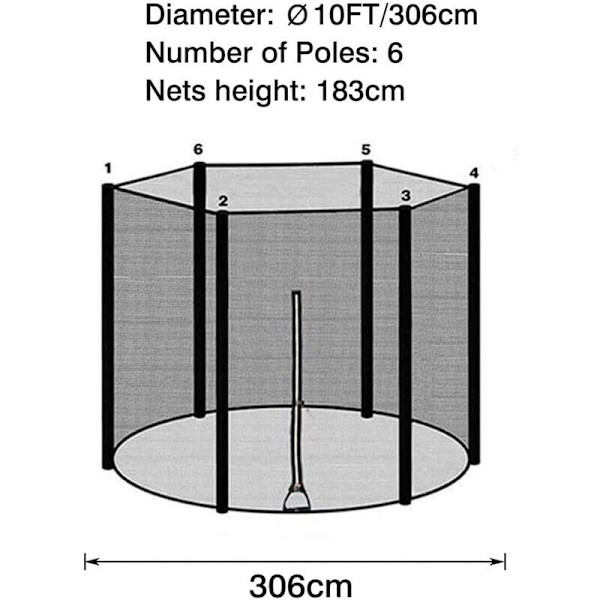 Trampolin Skyddsnät, Ersättningsnät för Trampolin, Ø305cm Trampolin Skyddsnät med Blixtlås, 6 Raka Stolpar Skyddsnät