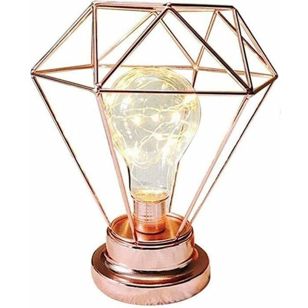 Sengelampe Dekorativ Natlampe, Diamantformet Retro Metal Bordlampe Batteridrevet Skrivebordslampe til Soveværelse, Stue, Bar, Hotel, Cafe (Rose