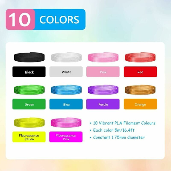 3D Pen Wire, Pla 1.75 Filament Refills til 3D Pen, 10 Farver, 5M Hver, 3D Pen Filament til Børn og Voksne, Kompatibel med Professionel 3D-Udskrivning
