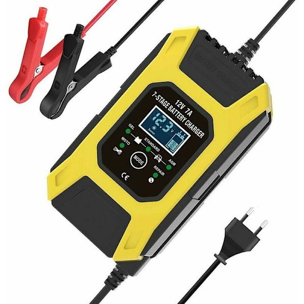 7A/12V Smart Batterilader Bærbar Hurtig Motorcykel Lader med LCD Display Beskyttelse Reparationstilstand til Bil Motorcykel Auto Gul