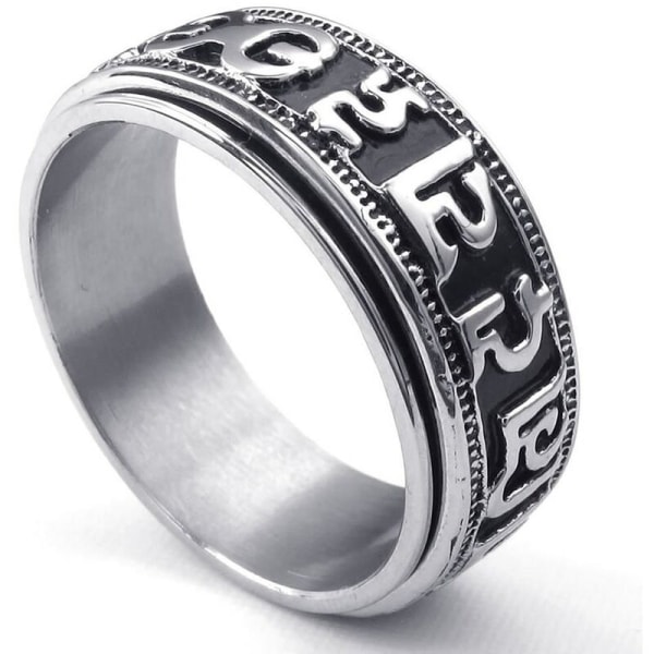 Sormus, Ruostumaton teräs, Pyörivä pyörittäjä Tiibetin Mantra Padme, Musta hopea - . 59 (18,8 mm)