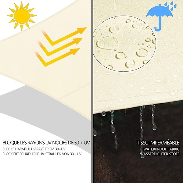 Rektangulär Solsegel Vattentätt UV-skydd 95% Polyester Resistent och Andningsbart för Trädgård Terrass med Rep 3x2m Beige