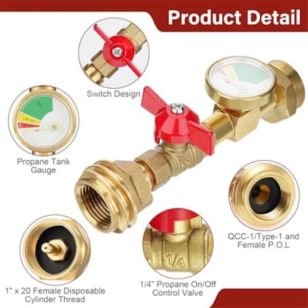 1 Lb Propantankadapter, 20 Lb til 1 Lb Konverter med Måler og On/Off Ventil til 1 Lb/16.4 Oz Engangscylinder