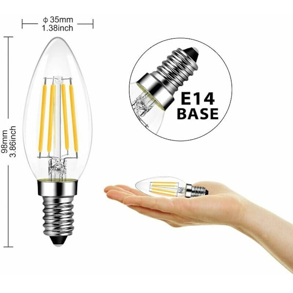 6x E14 C35 4W LED Filament Pære, Ækvivalent til 40W halogenpære, 470 lumen, AC 220-240V -2700K - Strålevinkel 270 ° - Kold Hvid