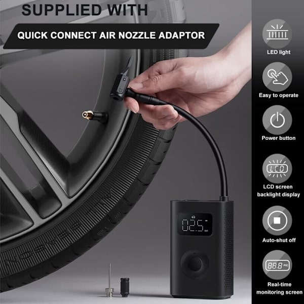 Mijia bærbar luftkompressor - Elektrisk cykelpumpe bildæk oppustelig elektrisk oppustelig - 6 oppustelige tilstande Mini kompressor LED-lampe 2000mAh