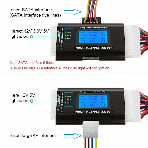 20/24 4/6/8 Pins Computer PC Strømforsyningstester til ATX, ITX, BTX, PCI-E, SATA, HDD Sort Farve