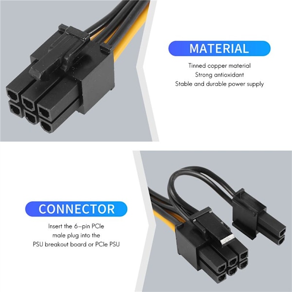 6 st PCI-E till 8-stifts (6+2) (Hane Hane) GPU-strömkabel 50 cm för grafikkort Mining Breakout Board