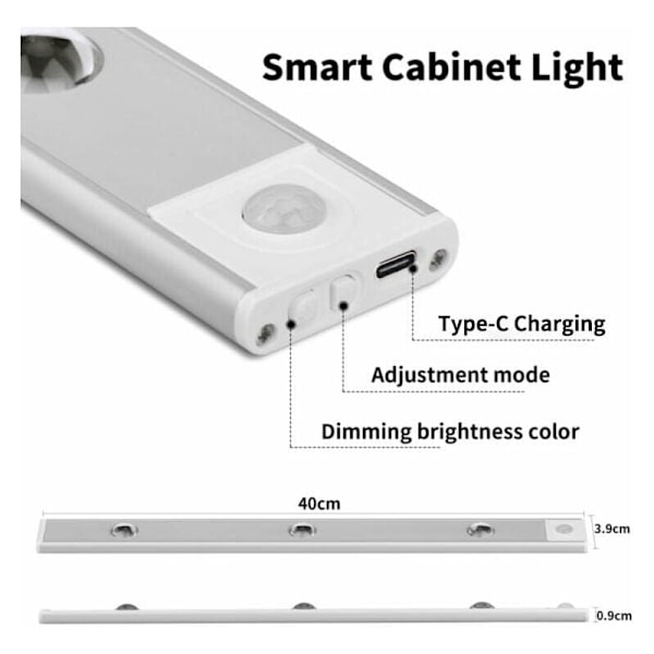 40CM LED-lampe, 4 Tilstande Skabslampe med Bevægelsessensor, 550mAh USB Genopladelig, 6000K LED Trådløs Køkkenlys med Justerbar Farvetemperatur