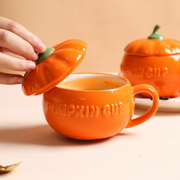 Pumpaformad keramisk mugg med lock, halloween dekorationer, halloween pumpa mugg（300ml）