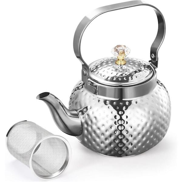 Rostfritt stål tekanna med infuser 1,2 L, tekanna med löstagbart filter för filtrering av te eller andra teer, silver
