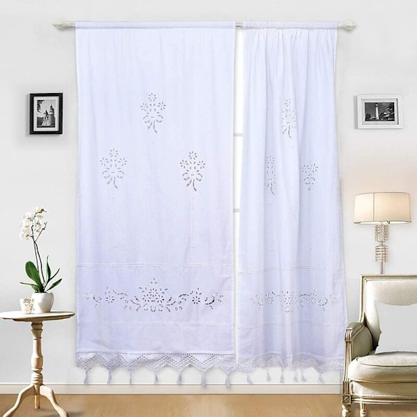 Hvid Bomuldsbroderet Køkken Gardin, Cafe Gardin, Spisestue Gardin med Krog Tassel Kant 70x150cm (Beige 2 Paneler)