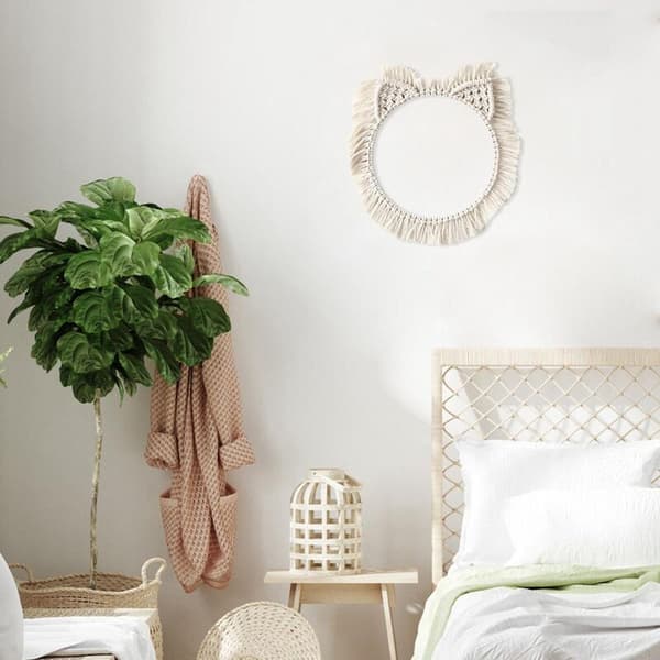 Macrame väggdekoration ram handvävd gobeläng ram rund boho tofs för vardagsrumsinredning