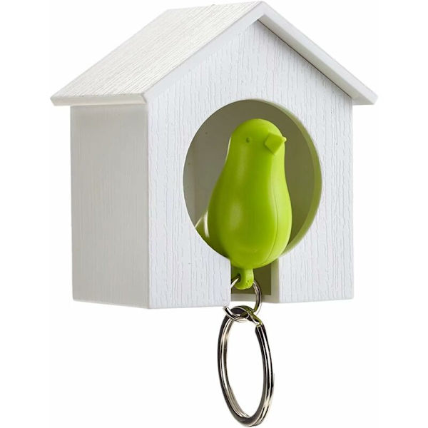Nøglering med træhus og spurv + nøgleholder + fløjte (Hvidt hus + grøn fugl)