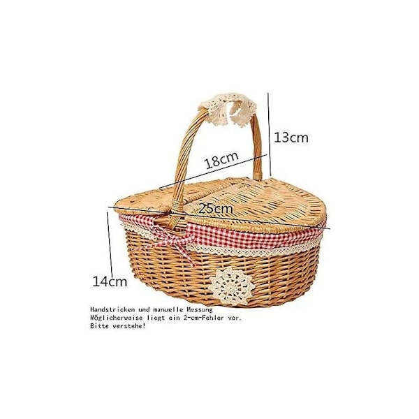 Picknickkorg i rotting med lock - Landstil med röd och vit rutig bomullsbeklädnad - Visningskorg för picknickar och fester