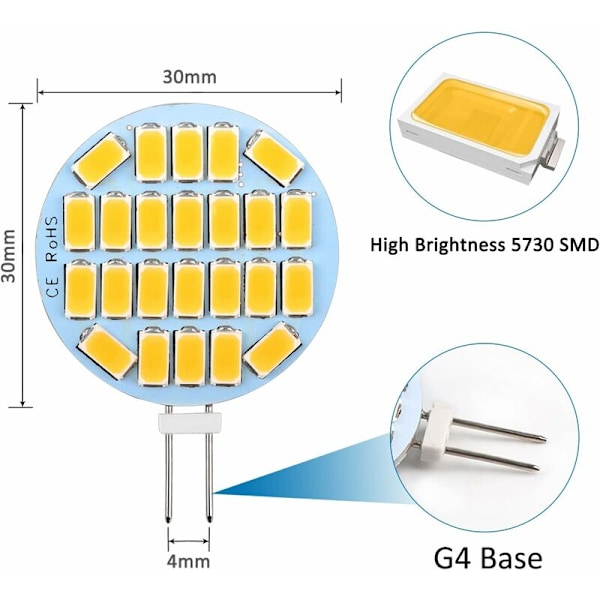 G4 LED 3W, AC12-24V, 300LM Varmvit 3000K, 24x5730 SMD, motsvarande 30W halogenlampa, ej dimbar, G4 rund LED-lampa för skåpsbelysning, belysning