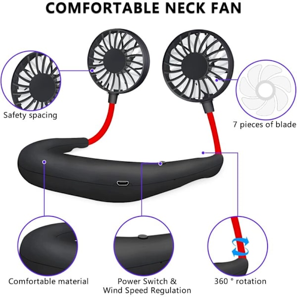Halsfläkt, Bärbar USB Personlig Handsfree Mini Lat Halsfläkt 360 Graders Rotation Kylande Bärbar Handhållen Bärbar för Kontor Hem Rum Resa Ut