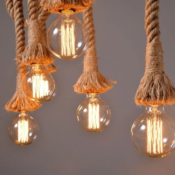 Hamptauverk Hengelampe Loft Industriell Vintage Lang Rattan Hengelampe Dobbelthodet LED-pærer - 200CM