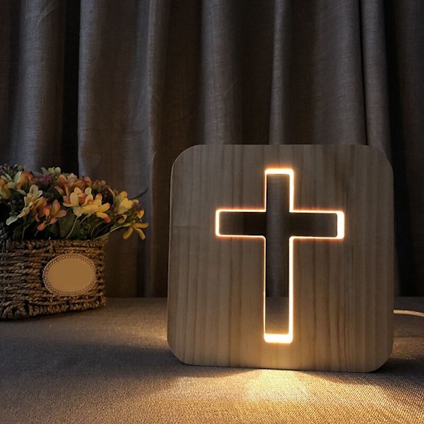 3D LED-lampe nattlys USB-skrivebordslampe kristendom krusifiks håndverk for trekorspynt