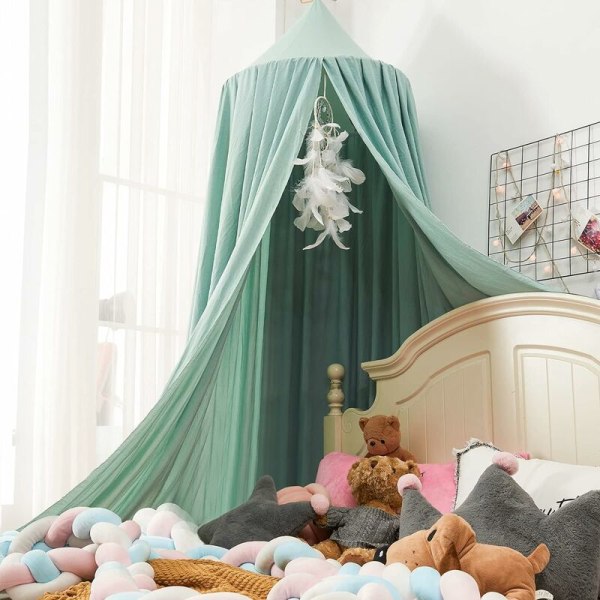 Sänghimmel för tjejer, mjuk rosa prinsessa sänghimmel till flicksäng, volanghimmel för barns sovrum -grön