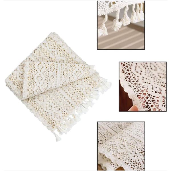 Beige Makramé Bordslöpare Rektangulär Virkad Spets Elegant Ihålig Nätduk för Rustik Bohémisk Bröllopsdekor Brud- och Babyshowerdekor Ta