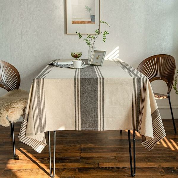 Brun Burlap Duk i Bomull Lin Stripete Piknik Duk Tungt Stoff for Salongbord Kjøkkeninnredning Rektangulær 55\" x 86\" (6-8 Seater)