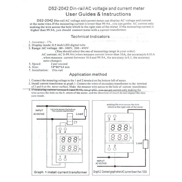 Högprecisions Digital Spännings- och Strömmätare med Dubbeldisplay på DIN-Skena AC80-300V AC0-99.9A