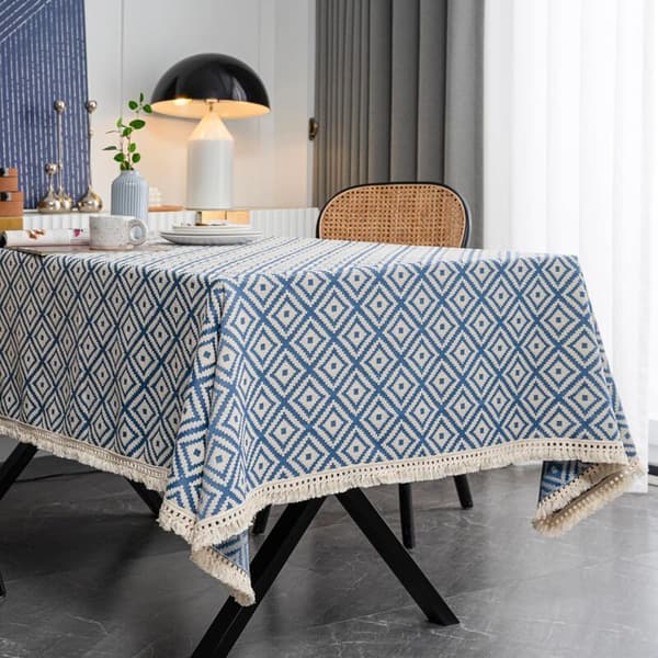 Rektangulär grovstickad broderad frans texturerad bomullslinned bordsduk för kök matsal, 55\" x 55\", 4 sitsig