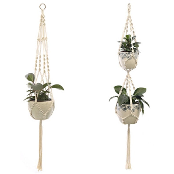 2 st Macrame Växtupphängningar, Inomhus Utomhus Hängande Planterkorg, Bomullsrep, Handgjord Blomkruka Nätväska