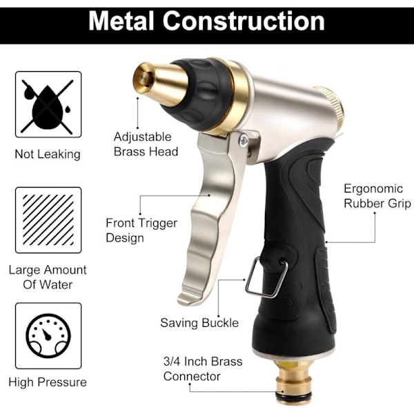 Kastelupistooli messinkisuuttimella, tukeva ja korkeapaineinen, säädettävä suihkusuihku, auton ja lemmikkien pesuun, puutarhan/jalkakäytävän puhdistukseen