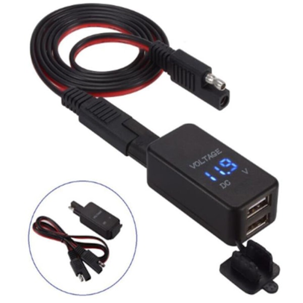 SAE till USB-adapter med voltmeter, avstängningsplugg för motorcykel, vattentät, dubbel laddare, telefon, surfplatta, GPS