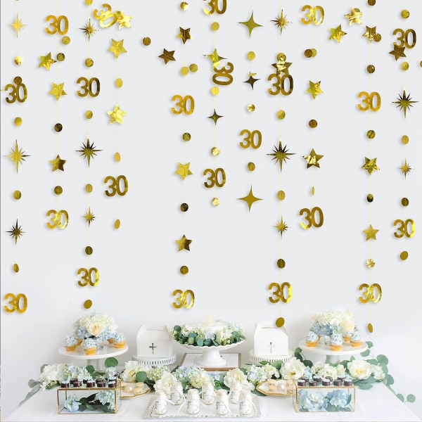 Guld 30-årsdekorationer Nummer 30 prickiga glitterstjärnor Garland Metallic Hängande Bunting Banner Bakgrund för trettioårsfest Suppl