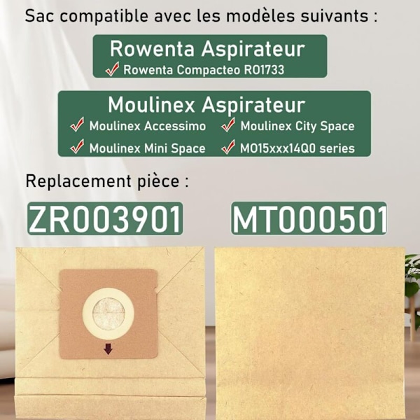 10 Pussia Rowenta ZR003901:lle, Moulinex City Space -imurille vaihdettavat pölypussit
