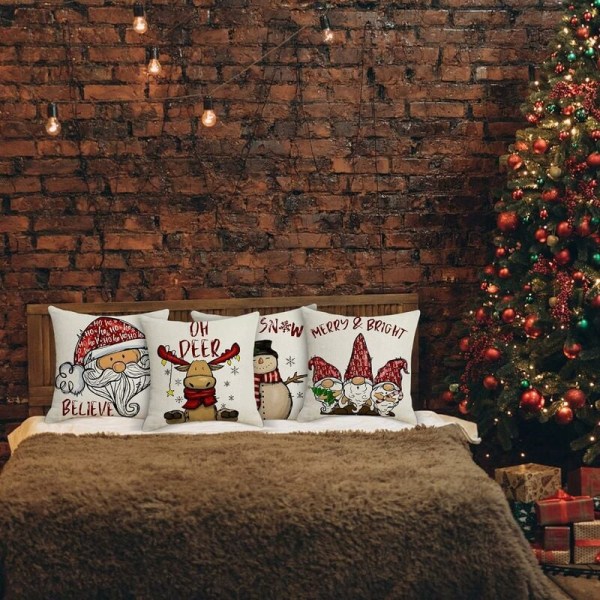 Julkuddeöverdrag 45x45cm, Set om 4 Juldekorativa Soffa i Bomull och Linne Jul för Soffa Säng Sovrum Stol Trädgård-Retro Jul