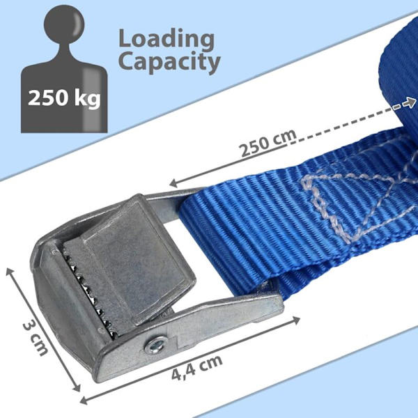 Klorspänne Lastspänne Fästspänne - Blå - Maxlast 250 kg, 4 stycken på 2,5 cm x 2,5 m