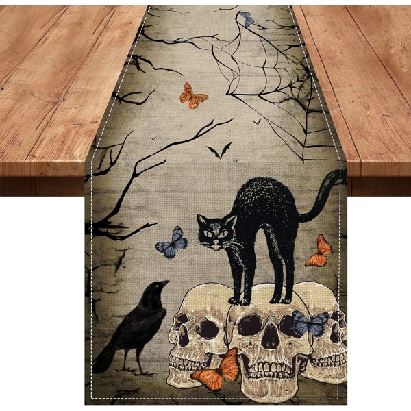 Halloween-pöytäliina, musta kissan luuranko Retro Cool Skull Crow Halloween-sisustus keittiön sisustukseen Kotijuhlahuone