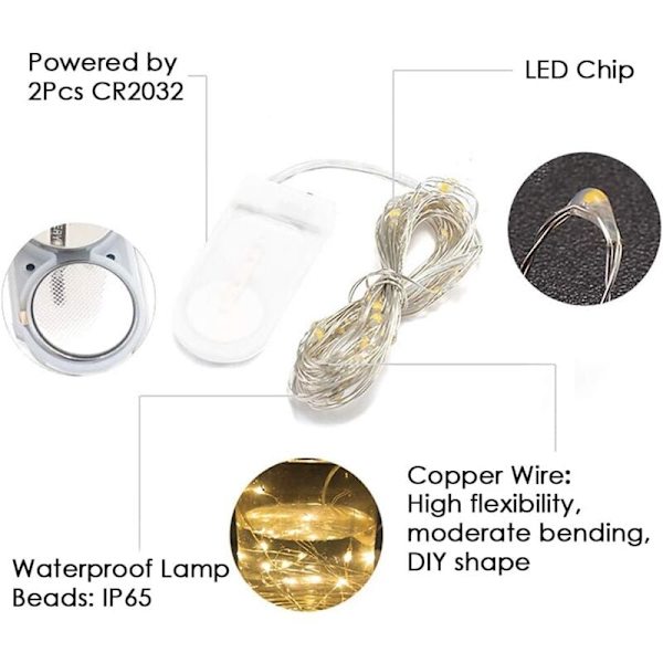 LED-ljusslingor - 10-pack 2M 20LEDs Koppartråd, Batteridrivna Ljusslingor för Långa och Tunna Vas, Bord, Inomhus Utomhus, Semester, Bröllop, P