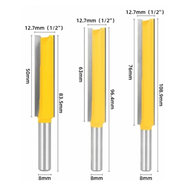 3 stk. 8 mm skaft ekstra lange fræsere, træbearbejdningsfræser ekstra lang lige endefræser 8 mm 1/2\" 50 mm, 8 mm 1/2\" 63 mm, 8 mm 1/2\" 76 mm
