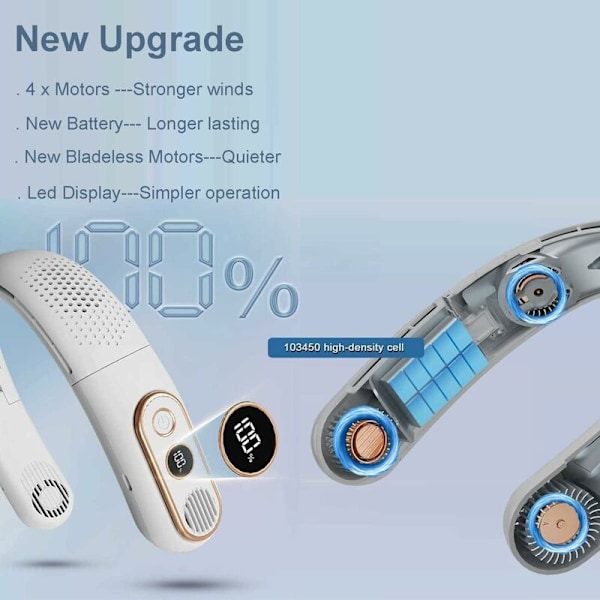 Fällbar nackfläkt, bärbar nackfläkt 4000mAh trådlös nackfläkt, 3-vägs justerbar LED-display USB-fläkt, lämplig för hem, kontor, resor och utomhus