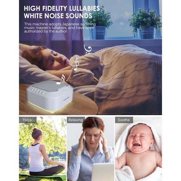 Bærbar hvid støj maskine til voksne og babyer med 28 beroligende lyde og natlys med søvntimer, ventilator, hav, strøm, regnlyde, vuggevise