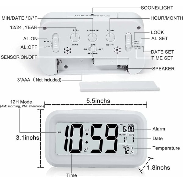Digital väckarklocka, tyst batteridriven digital väckarklocka för barn, vuxna, stor LED-display, temperaturkalender (vit)