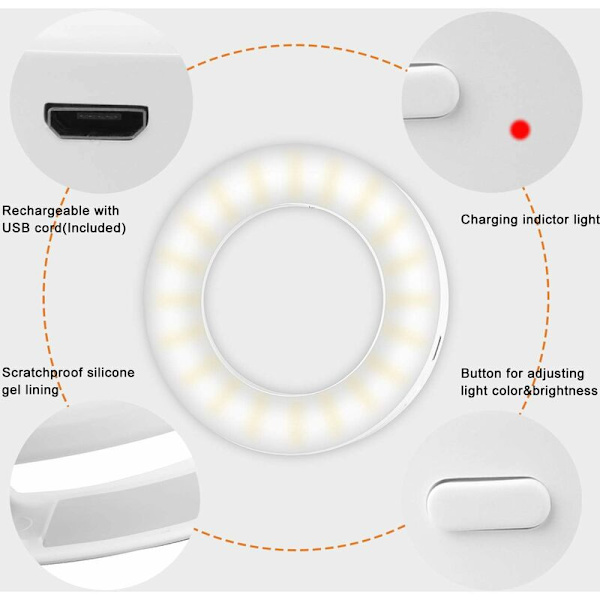 Selfie-valo, 40 LED-rengasvalo, Selfie-kameravalo 3 säädettävällä kirkkausasteella, USB-ladattava säädettävä rengasvalo kaikille matkapuhelimille, tableteille
