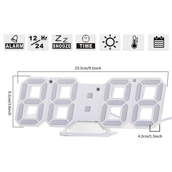 3D Digital Väckarklocka, Väggmonterad LED-Klocka med 3 Justerbara Ljusstyrkenivåer, Elektronisk LED-Klocka med Snooze-Funktion, Modern Nattlampa