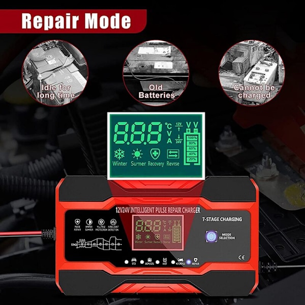 10 Amp Bilbatterioplader, Intelligent Fuldautomatisk 12V og 24V, Hold, EU-stik