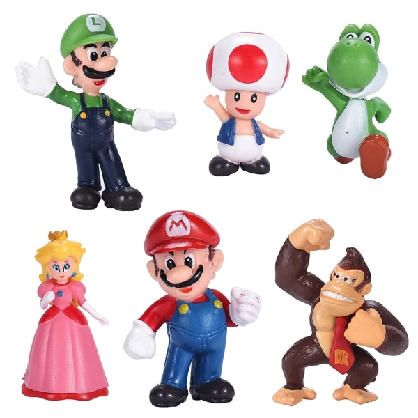 6 pakke Mario Toy Bros Super Mario prinsesse, skilpadde, sopp, gorilla, super mario actionfigurer bursdagskake topper festutstyr