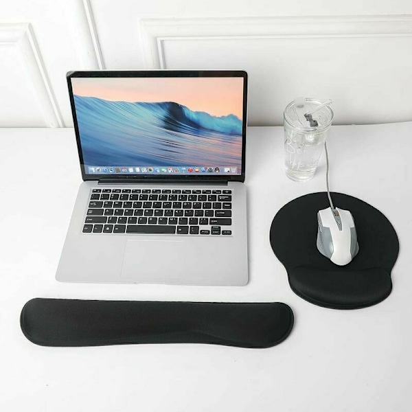 Keyboard Håndledsstøtte Sæt, Ergonomisk Mussemåtte med Håndledsstøtte Anti-Skrid Sikkerhedsmåtte Hukommelsesskum Mussemåtte Kontortilbehør til Computer, Bærbar (Sort)
