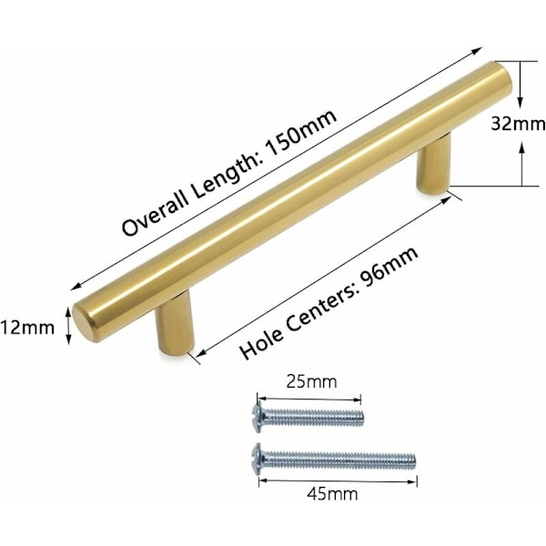 Børstet Messing Køkken Skabsdørsgreb Rustfrit Stål T-Formet Knapper Centerafstand 96MM - 1 stk