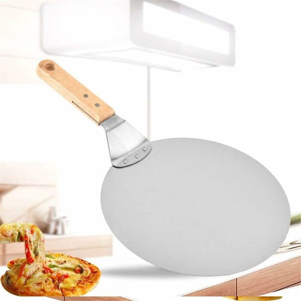 Rund pizzaspade i rustfritt stål med treskaft for baking av hjemmelagde pizzaer, brød og kaker
