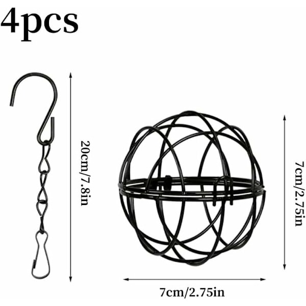 4 stycken bollfågelmatare - Utomhusfågelmatare, Metallhängande fågelmatare, 7 cm diameter fågelmatare med S-formade krokar